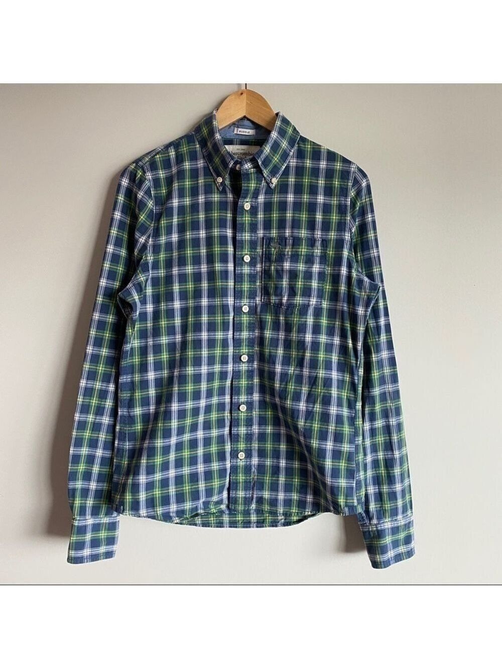 abercrombie & Fitch Muscle Fit Button Down Green Blue Plaid Shirt Men's Size S